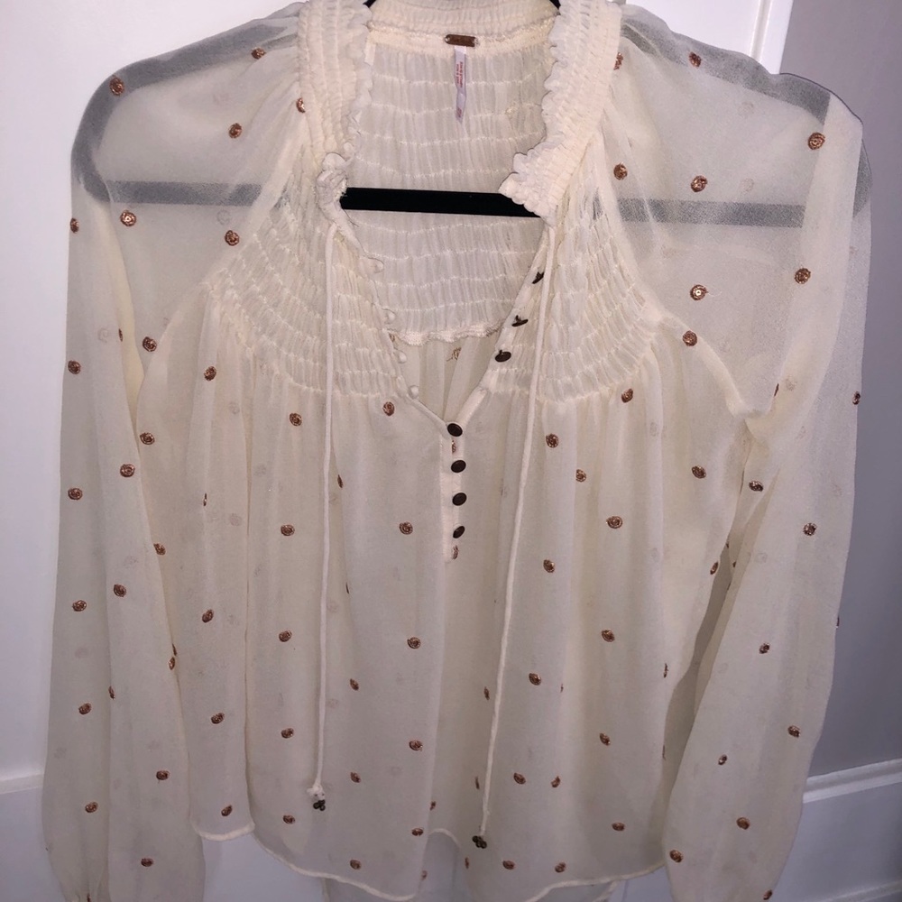 Free People cream gold polka dot top